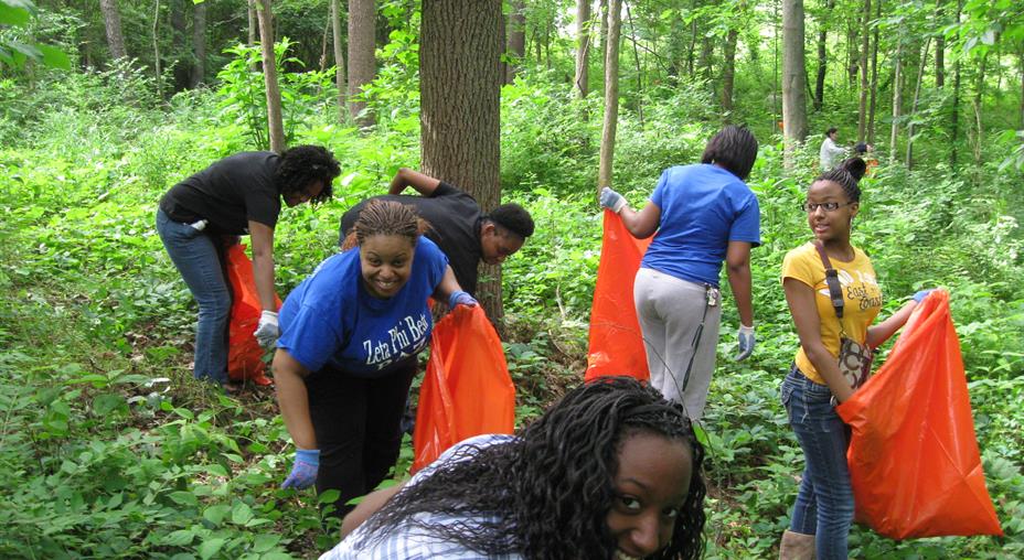 Volunteers cleaning up natural areas in the parks.